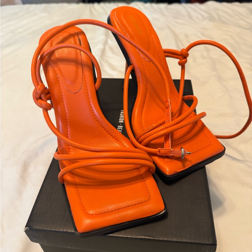 PrettyLittleThing Vibrant Orange Strappy Square Toe Heels